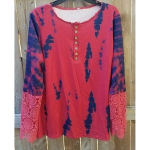 Ribbed Tunic Top Crochet Lace Long Sleeve M Red & Purple Tie Dye Scoped Neck